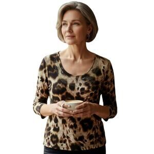 🍂🐆Vintage Suzie Animal Print Top Embellished Brown Black Green Medium🦁